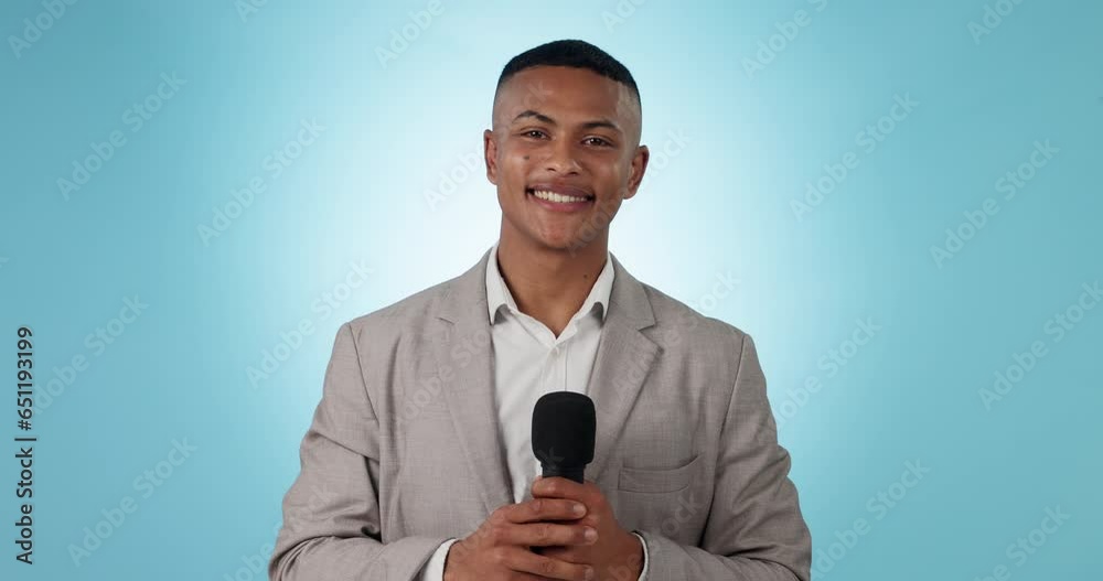 Journalist, face and news, man with microphone for broadcast and live stream with audio on blue background. Reporter, info and announcement, press and media with talk show and hearing in studio Journalist, face and news, man with microphone for broadcast and live stream with audio on blue background. Reporter, info and announcement, press and media with talk show and hearing in studio