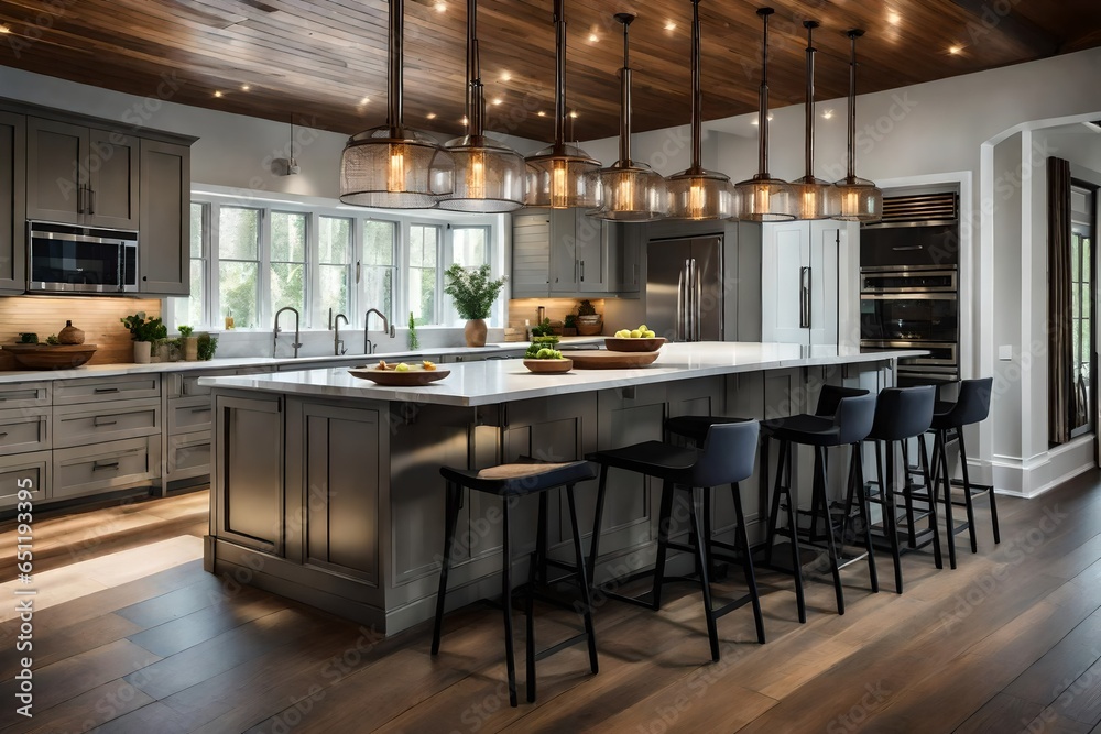 Four-stool kitchen island with two pendant lights above it