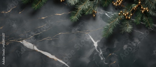 Panel kuchenny z motywem Banner with dark marble background and Christmas tree branches with toys