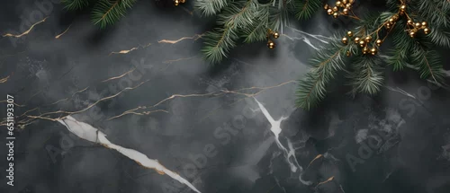 Panel kuchenny z motywem Banner with dark marble background and Christmas tree branches with toys