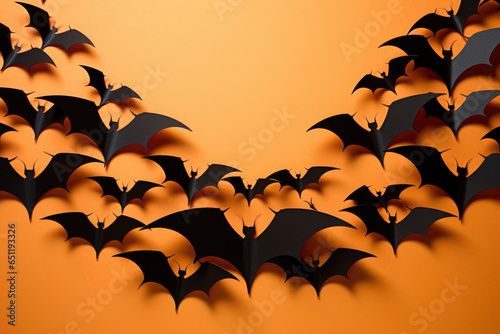 Bats on orange background, Halloween concept. Kirigami paper craft