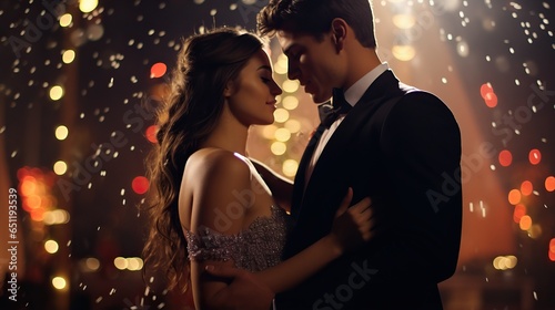 Romantic young couple dancing on New Years Eve, christmas event