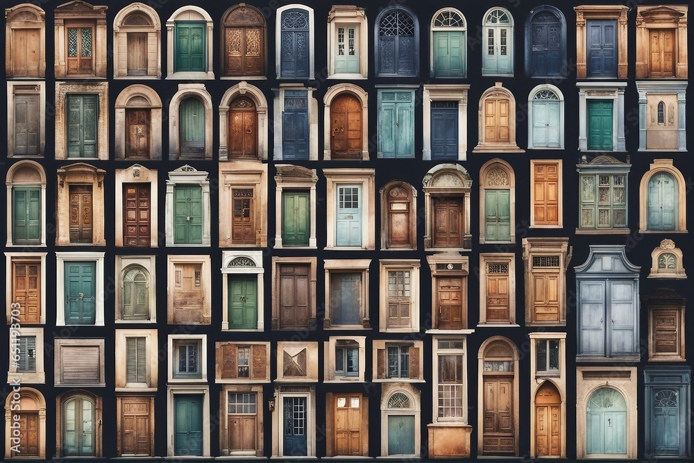 Set of many different doors and windows in watercolor Art style - obrazy, fototapety, plakaty 