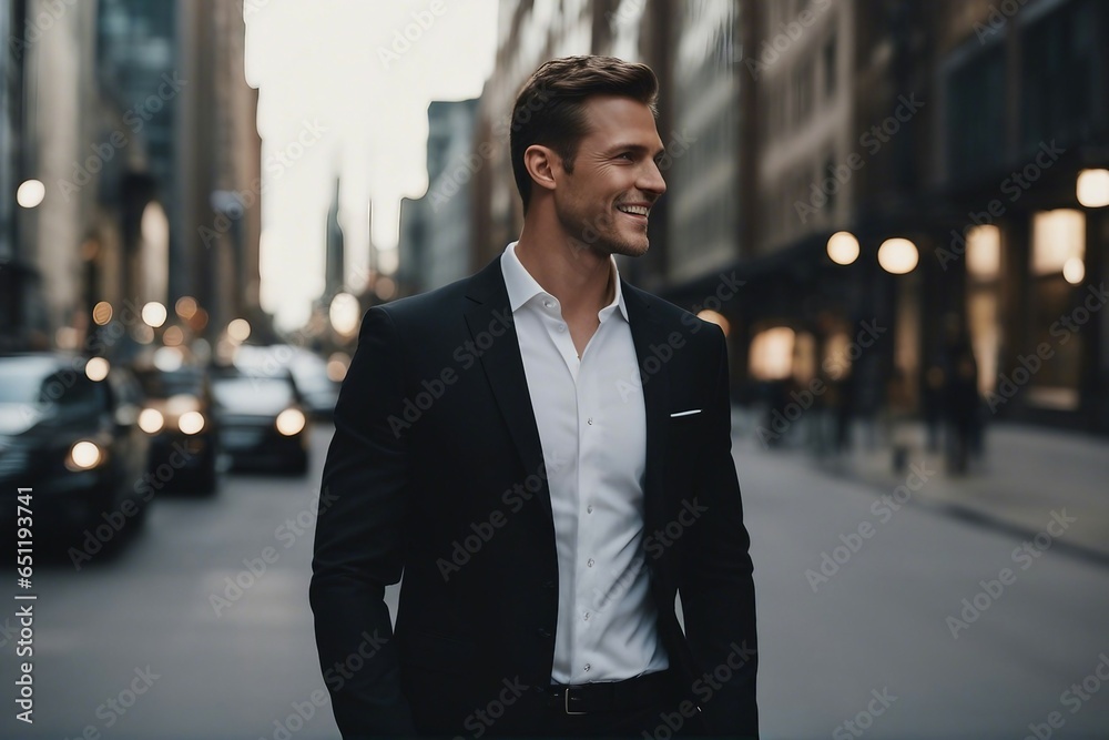 Portrait of a handsome smiling young American businessman boss in a black suit walking in a city Portrait of a handsome smiling young American businessman boss in a black suit walking in a city
