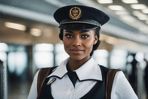 A closeup photo of a beautiful, young, afro-american female standing in uniform