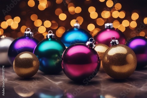 Colorful Christmas balls tree decoration with bokeh circles from reflecting light on a glass ground