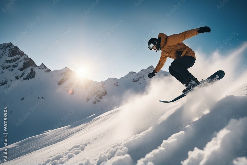 Snowboarder jumping in the snow mountains on the slope with his snowboard and professional equipment