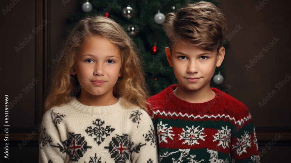A couple of kids standing next to a christmas tree A couple of kids standing next to a christmas tree
