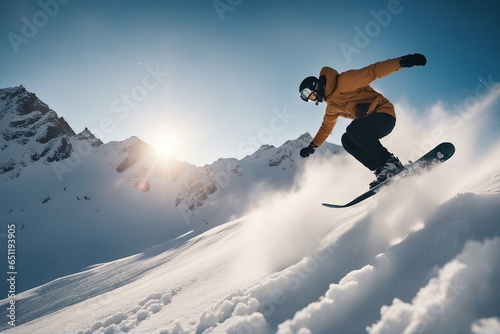 Snowboarder jumping in the snow mountains on the slope with his snowboard and professional equipment © FrameFinesse