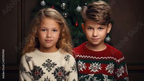 A couple of kids standing next to a christmas tree