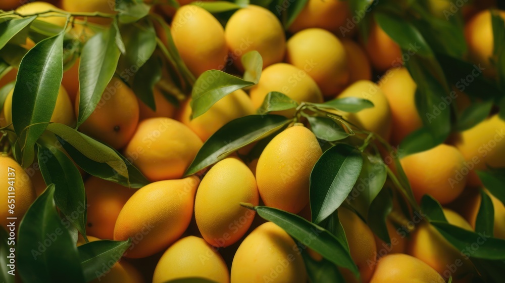 A bunch of yellow lemons with green leaves
