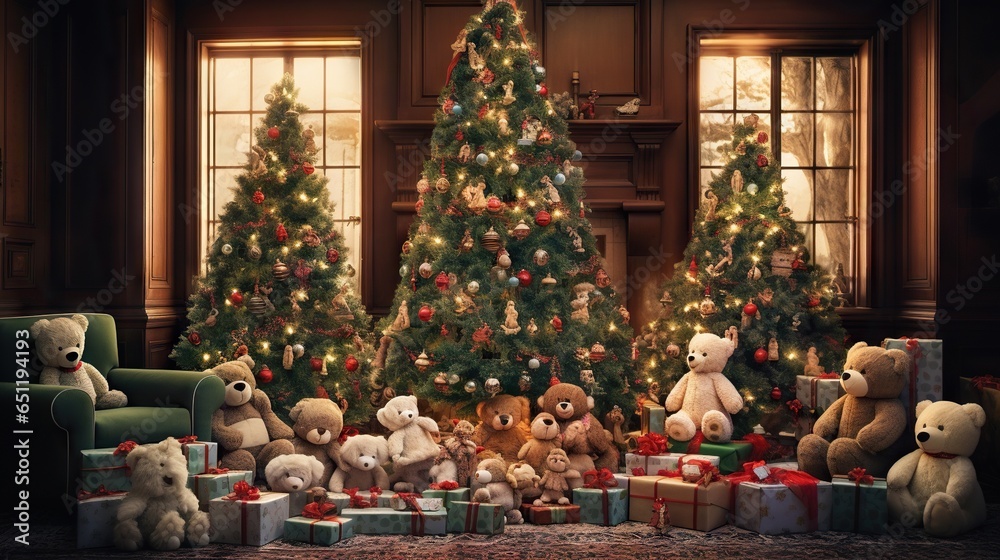  a group of teddy bears sitting in front of a christmas tree.  generative ai