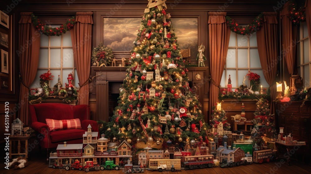  a decorated christmas tree in a living room with a red couch.  generative ai