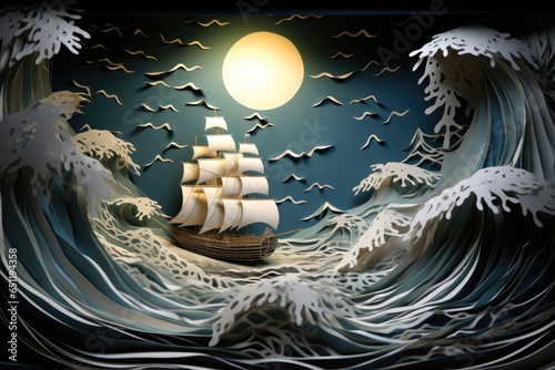 Ship in storm wallpaper. Kirigami paper craft