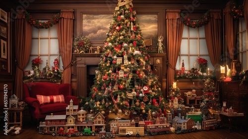  a decorated christmas tree in a living room with a red couch. generative ai
