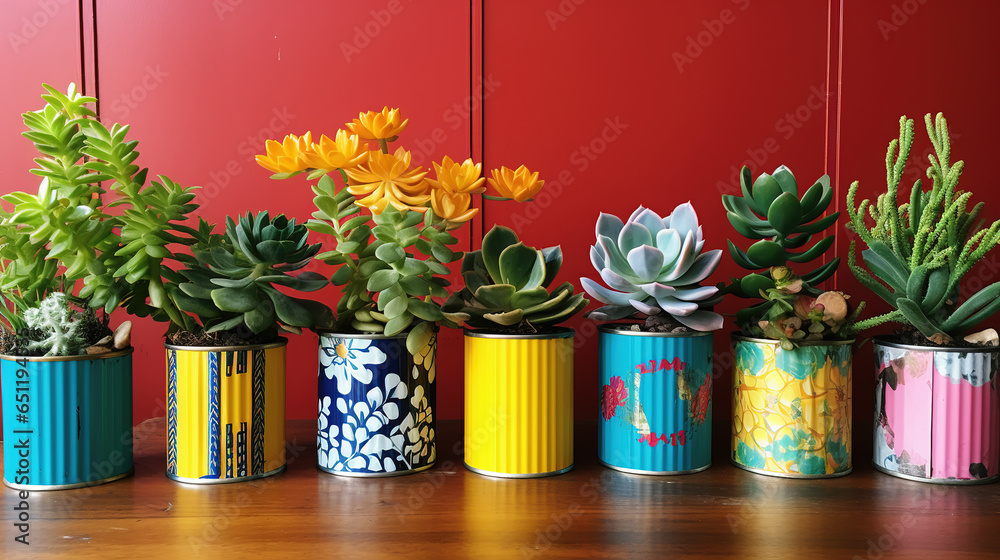Pot Plant Made from Recycled Can Decorated Colorful and Unique  - obrazy, fototapety, plakaty 