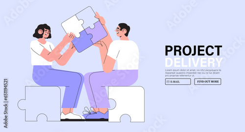 People hold jigsaw puzzle. Concept of business delivery or solution, teamwork and project realization, office or team corporate work organisation management. Characters fulfill tasks together.