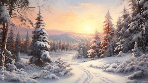 a painting of a snowy landscape with a sunset in the background. generative ai