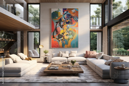 modern open floor plan living room with large glass windows © Kien