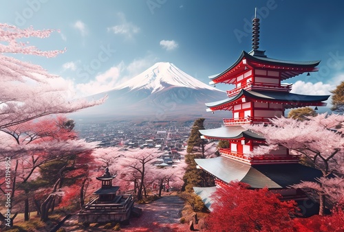 Red chureito pagoda with cherry blossom and Fujiyama mountain, Generative AI