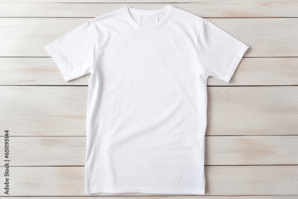 Mock-up of a white fabric T-shirt on a wooden background Mock-up of a white fabric T-shirt on a wooden background