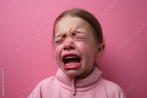 Little girl crying on a pink studio background