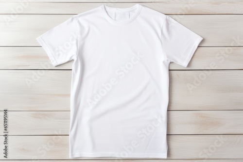 Mock-up of a white fabric T-shirt on a wooden background