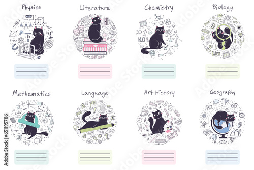 History of arts, biology, chemistry, geography, literature, physics, mathematics, language. set of covers for school workbooks with doodle objects and a cute cat.