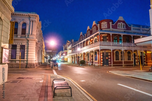 Fremantle, Australia - September 10, 2023: City streets and buildings at sunset photo