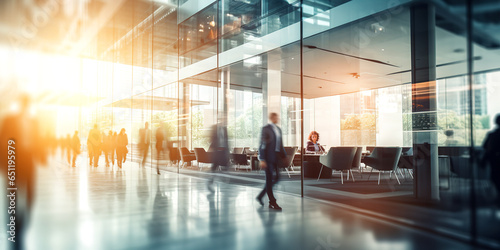 Busy business people in a modern hall at sunset. Group of busy people walking fast in office. Motion blur