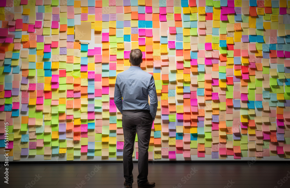 Back view of casual businessman reading sticky notes attached on wall in the office. Maximize work efficiency concept with paper notes. Back view of casual businessman reading sticky notes attached on wall in the office. Maximize work efficiency concept with paper notes.