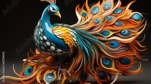 A vibrant peacock statue stands tall and proud, its striking feathers displaying the beauty of art, animal, and the wild phasianidae and galliformes species of peafowl and birds