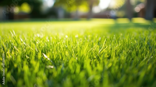 Beautiful view on cute backyard in sunny day, fresh green grass lawn in sunlight, landscaping in the garden, beauty of summer season