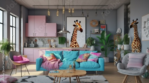 Boho chic vibrant ocean side luxury apartment with giraffe design  photo