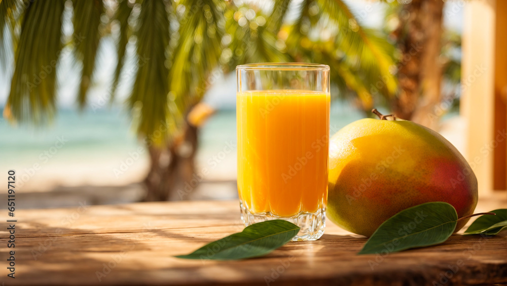 A glass of juice with mango on a background of sea and palm trees