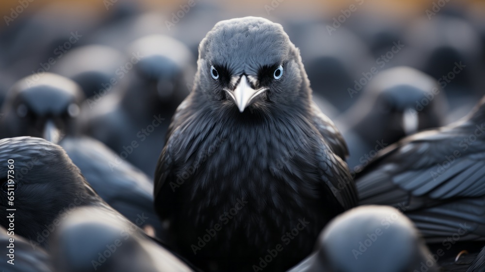 Fototapeta premium A close-up of a single black pigeon with its beak open, perched amongst a flock of its peers in the great outdoors, captures the wild beauty of nature's wildlife