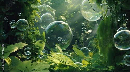  a group of bubbles floating in the air over a forest. generative ai