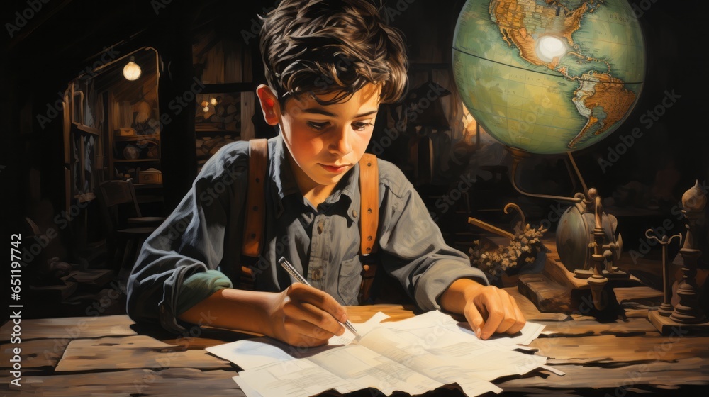 A young boy sits indoors, wearing his favorite clothes while carefully crafting a work of art with a book, paper, and scissors, creating a lasting memory A young boy sits indoors, wearing his favorite clothes while carefully crafting a work of art with a book, paper, and scissors, creating a lasting memory