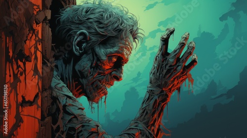 Man with bloody skin and hands raised in surrender evokes a feeling of helplessness as he stands amidst a jagged reef, capturing the complexity of human emotion in its stark contrast of colors