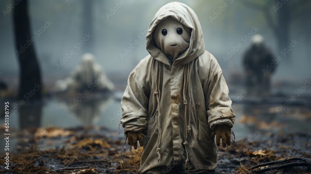 The ghost, draped in a flowing white garment, stands alone in a misty outdoor landscape, their figure silhouetted against the soft grey ground