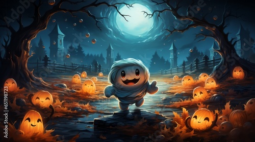 A whimsical cartoon character races along a winding path strewn with halloween pumpkins, their vibrant colors and shapes creating a lively atmosphere