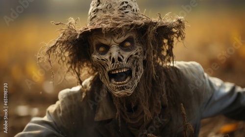 A zombie wearing a horror-inspired scarecrow garment stands defiantly in an outdoor setting, their haunting mask and clothing creating an eerie atmosphere