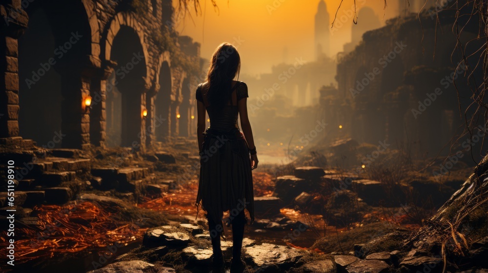 Fototapeta premium A mysterious woman stands in a forgotten fog-shrouded outdoor ruin, evoking a sense of wonder and inviting exploration