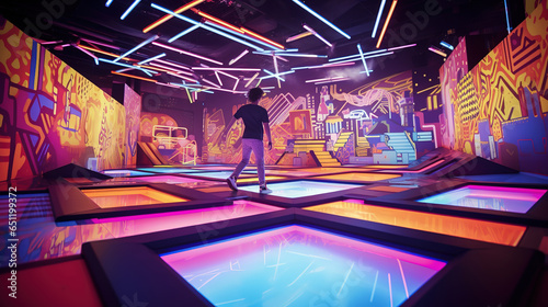 Enchanting Trampoline Park Experience, Dynamic Surface Illumination Crafting Mesmerizing Patterns with Each Bounce of Joyful Children