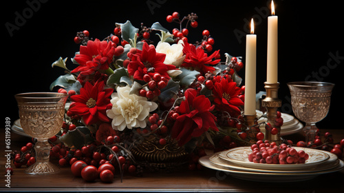 Festive Holiday Table: Sparkling Candles, Holly, and Poinsettias