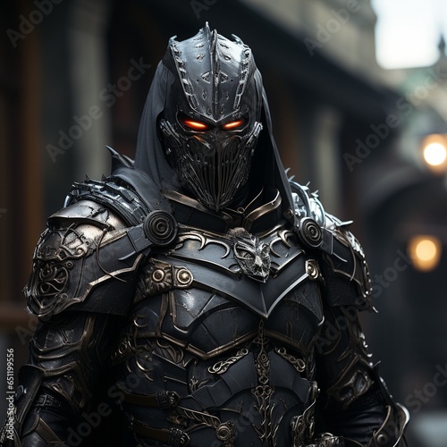 A gloomy mysterious knight in heavy black armor. Cinematic, Hyper - detailed