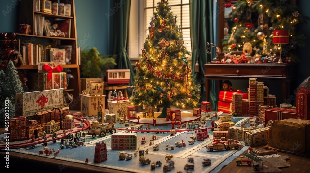  a christmas tree is lit up in a room with a train set.  generative ai