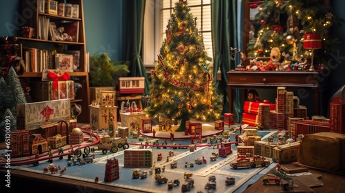  a christmas tree is lit up in a room with a train set. generative ai