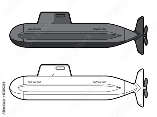 nuclear military submarine vector illustration , Military underwater craft , u boat , submersible flat style vector illustration with colored and black and white versions stock image