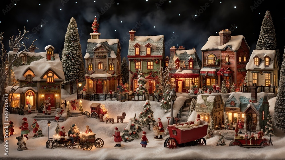  a christmas village with a red truck and lots of lights.  generative ai